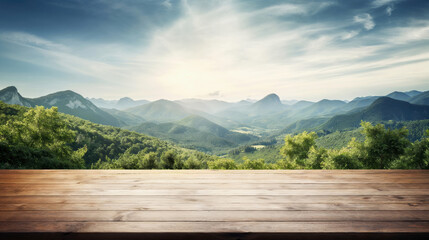 Wall Mural - Empty wooden tabletop providing a place to showcase your product with a backdrop of majestic mountains