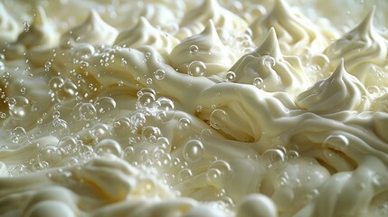   A close-up shot of white icing with water droplets on top