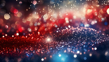 Wall Mural - Abstract red, white, and blue texture lights blue and red glitter scattered across a black surface on a black background Blurred red, white, and blue lights Fourth of July background