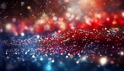 Wall Mural - Abstract red, white, and blue texture lights blue and red glitter scattered across a black surface on a black background Blurred red, white, and blue lights Fourth of July background