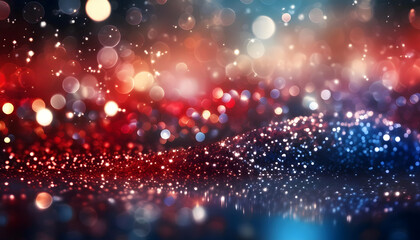 Wall Mural - Abstract red, white, and blue texture lights blue and red glitter scattered across a black surface on a black background Blurred red, white, and blue lights Fourth of July background