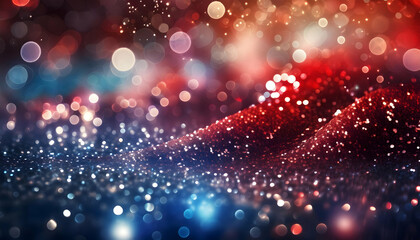 Wall Mural - Abstract red, white, and blue texture lights blue and red glitter scattered across a black surface on a black background Blurred red, white, and blue lights Fourth of July background