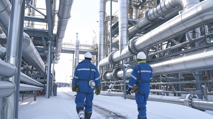 Two oil and gas workers in blue coveralls and safety gears walking through a snowy onshore production facilities complex