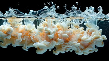 Wall Mural -   Orange-and-white flower cluster floating in water with a splash