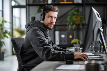 Man in hoodie working at computer desk, headphones on.