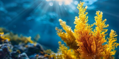 Wall Mural - Captivating Image of Golden Sea Moss in the Waters of Saint Lucia. Concept Nature Photography, Underwater Photoshoot, Marine Life Portrait, Tropical Seascapes, Golden Sea Moss