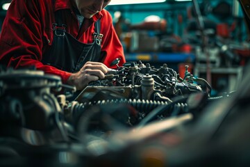 Wall Mural - A skilled auto technician carefully inspects the engine of a vehicle, showcasing precision and attention to detail