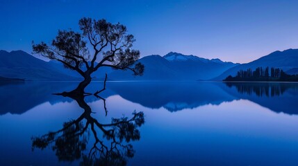 Poster - At dawn, the Wanaka tree is illuminated by the first light, creating a breathtaking scene as its reflection dances on the waters of Lake Wanaka in New Zealand.