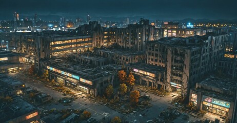 Poster - abandoned city town wasteland in autumn at night. rotting old buildings and overgrown towers. cars, junk, debris, and rubble.