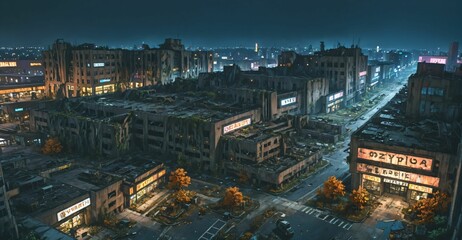 Poster - abandoned city town wasteland in autumn at night. rotting old buildings and overgrown towers. cars, junk, debris, and rubble.