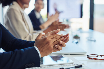 Canvas Print - Business, people and hands clapping in workplace, applause and celebration gesture for job well done or presentation. Cheering, goal and target achievement in boardroom, deal success and meeting