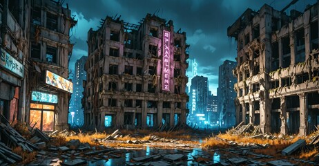 Wall Mural - abandoned buildings cyberpunk dystopian city derelict post apocalyptic overgrown town ruins street at night in autumn. littered with debris, rubble, junk, and old cars.