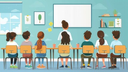 Classroom scene, students paying attention to teacher, flat design illustration