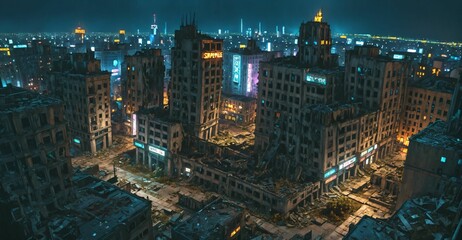 Wall Mural - abandoned dystopian cyberpunk city ruins derelict buildings and towers at night. urban town district overgrown building exterior cityscape.