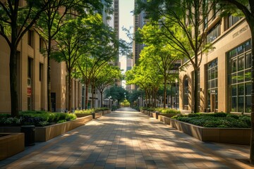 Wall Mural - A sunny city plaza with a paved walkway lined by trees, creating a green refuge in the urban landscape