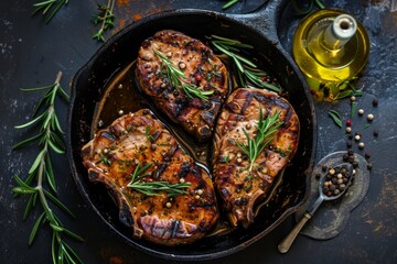 Canvas Print - Three perfectly cooked pork steaks in a cast iron skillet with rosemary sprigs, peppercorns, and oil