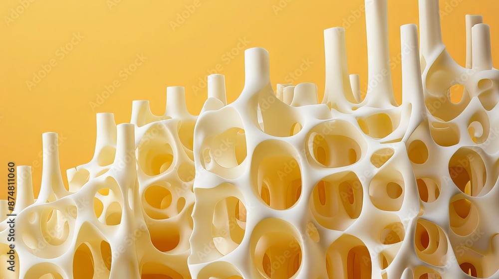 Abstract 3D structure with organic, porous design in white on an orange ...