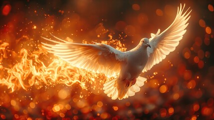 Winged dove in flames, a representation of the New Testament Holy Spirit in black background