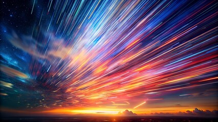 colorful streaks of light illuminate the night sky above a setting sun.