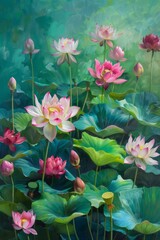 Wall Mural - Many different colored lotus flowers and unopened buds. The lotus leaves gracefully dance in the wind. This is a harmonious and vibrant beautiful picture, with a green background.