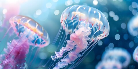 Wall Mural - Enchanting underwater encounter with vibrant jellyfish gracefully gliding through the water. Concept Underwater Photography, Vibrant Jellyfish, Graceful Movement, Enchanting Encounter