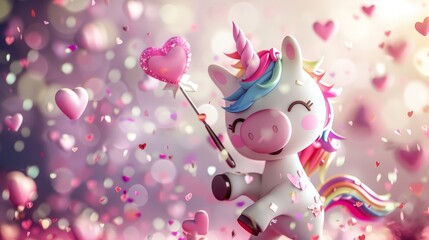 Wall Mural - Create a 3D, cute unicorn with a glittery, multicolored mane, holding a heart-shaped wand and surrounded by floating pink hearts.