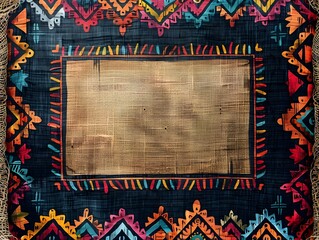 Wall Mural - Vibrant Tribal Frame with Ethnic Patterns on Natural Fabric Texture  Boho Inspired Decorative Background Concept with Copy Space