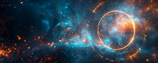 Wall Mural - mesmerizing mystical frame with glowing symbols and celestial aura on starry background