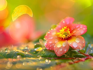 Canvas Print - Vibrant Flower Reflected in Morning Dew Droplet on Lush Green Leaf