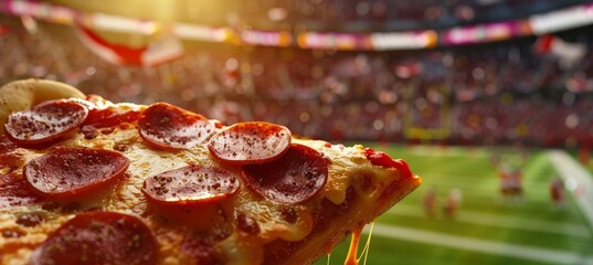 Wall Mural - Close-Up of Pizza Slice with Blurred Football Stadium Background