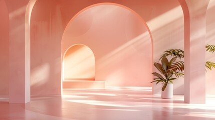 Wall Mural - Peach pastel luxury studio gradient wall and floor background in empty room with bright light. 