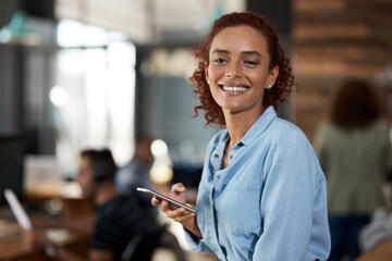 Poster - Business, girl and portrait with phone in office for trend research by creative agency, media internship and job. Online, woman and mobile for post schedule, influencer outreach and content creation.