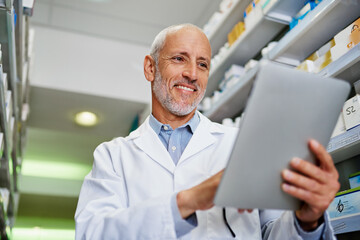 Poster - Smile, stock and tablet with mature pharmacist checking inventory of medicine on shelves for online order. Medical, prescription and technology with happy man in pharmacy for healthcare ecommerce