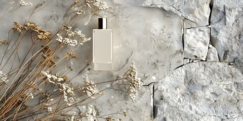 Wall Mural - Mockup of Beige Perfume Bottle on Natural Stone Background for Packaging Design. Concept Product Mockup, Beige Perfume Bottle, Natural Stone Background, Packaging Design