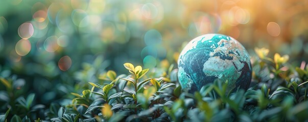 Close-up of a small globe resting on lush green plants with sunlight, symbolizing global conservation efforts and environmental mindfulness.