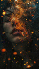 Wall Mural - Woman Embracing the Fire - A close-up portrait of a woman with long dark hair, her face half obscured by swirling fire and glowing embers, creating a captivating and mystical image. - A close-up portr