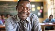 © Art Genie - Warm Smile from Male Teacher, Classroom Background with Blackboard and Students, Demonstrating Commitment to Teaching and Educational Impact
