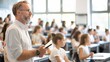 © Achirawee - A teacher standing at the front of a modern classroom, giving a lesson to students who are eagerly taking notes, Editorial Photography style