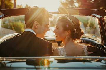 Wall Mural - Happy young couple in a vintage car at a wedding, the bride and groom sitting together on the back seat of a classic convertible car smiling and looking into each other's eyes