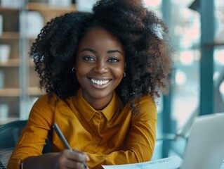 Poster - Portrait of a smiling young businesswoman working in an office. AI.