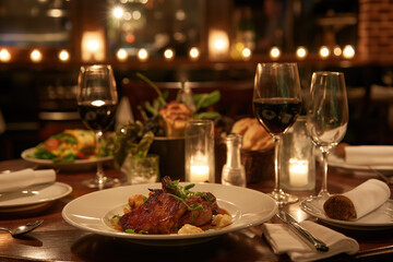 Romantic dinner for two with wine and delicious food served on restaurant table