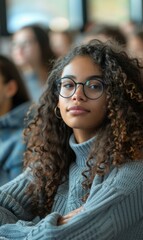 Poster - Portrait of a young woman with curly hair wearing glasses and a gray sweater. AI.