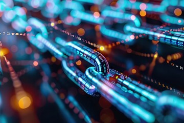 close-up view of a blockchain network with glowing links representing digital security and technolog