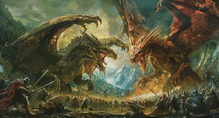 Canvas Print - In a grand spectacle, a three-headed dragon and a two-headed dragon engage in a furious fight, their roars shaking the ground, while an army of knights surrounds them, awaiting the decisive moment.