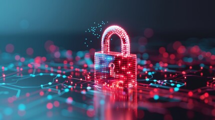 An abstract digital artwork showing a virtual lock being breached by binary code, representing the concept of cyber attacks and cybersecurity vulnerabilities.