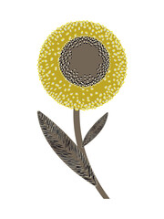 Wall Mural - Round fantastic golden flower with stem and leaf isolated on white background. Vector.