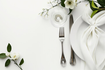 Elegant white table setting decorated with flowers for wedding or special event