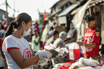 Poster - volunteers giving humanitarian aid to the victims