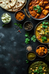 Traditional indian dishes displayed on dark rustic background with copy space