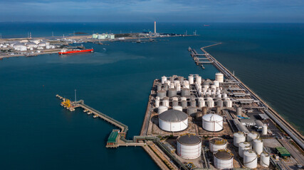 Canvas Print - Aerial view oil and gas depot industrial facility for storage logistic petrochemical product, Crude oil and gas depot terminal storage tank petroleum petrochemical refinery product, Business energy.